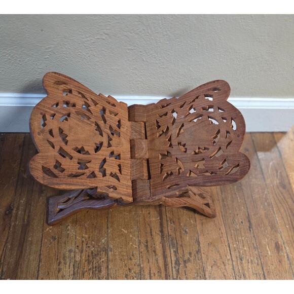 Vintage Carved Wood Folding Book Magazine Holder Stand Display Bible Dictionary - Picture 2 of 10